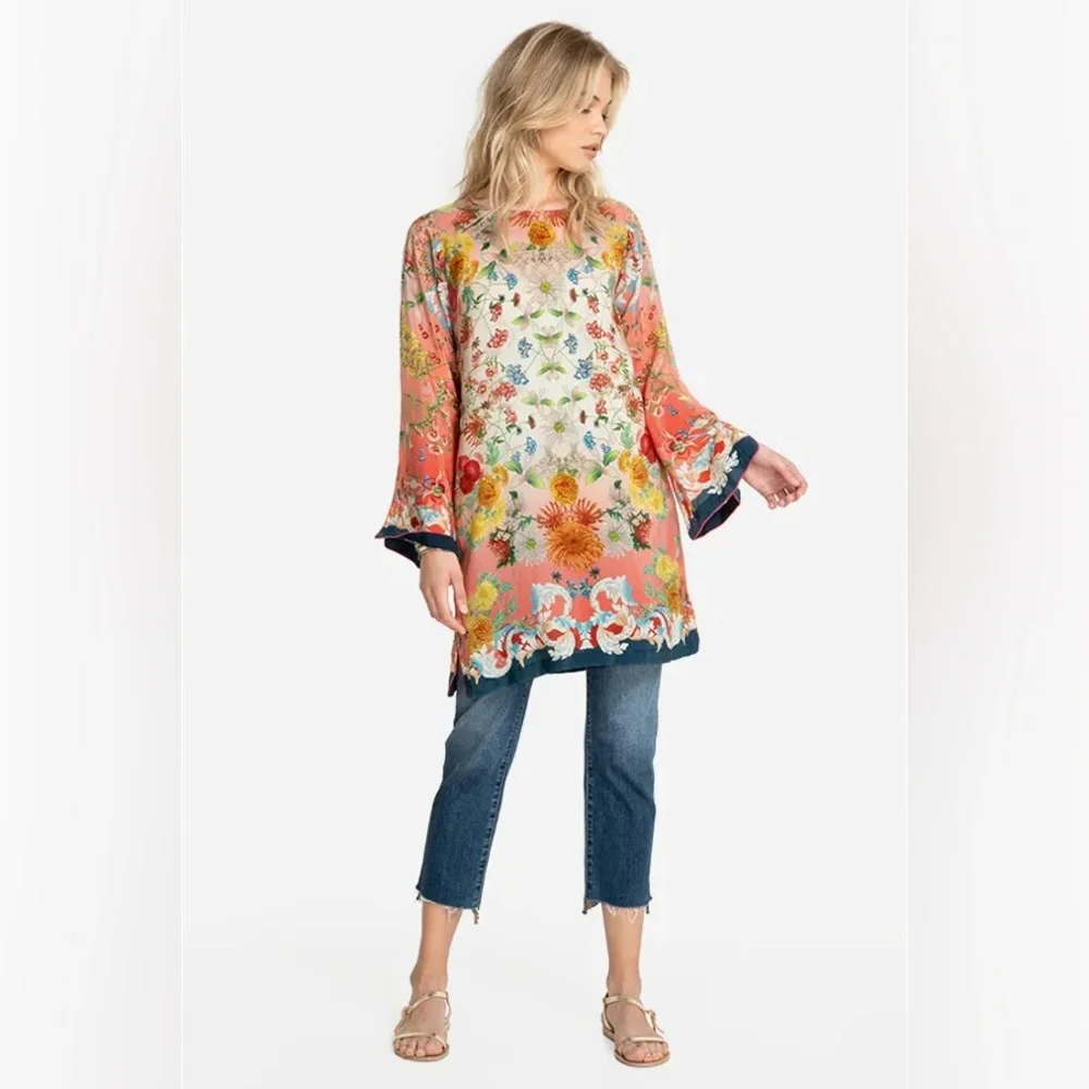 Johnny Was Coral Floral Silk Tunic with Teal & Cream Accents - Picture 1 of 16